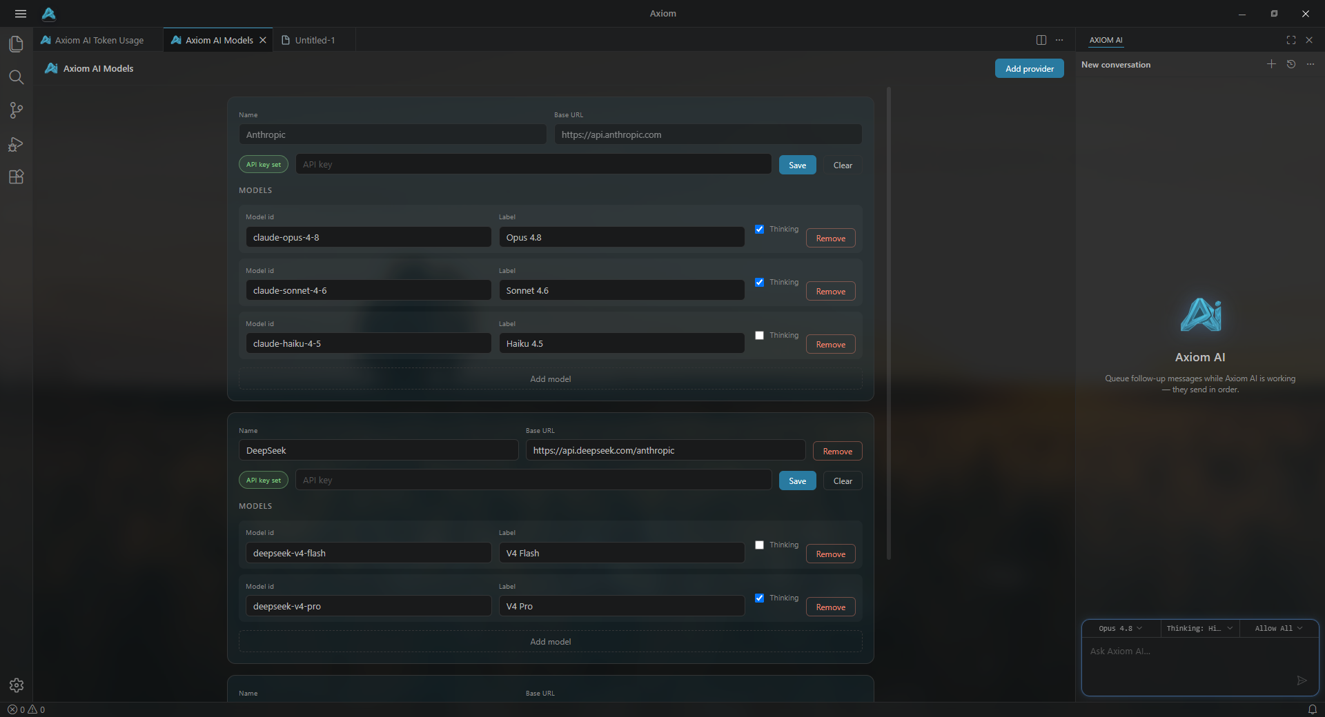 Axiom AI model provider configuration